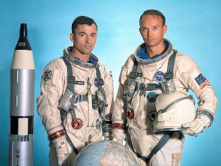 Photo of astronauts John Young and Michael Collins . 1966  gemini 10 mission.