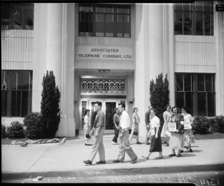 Picketers outside Associated Telephone Company Building, 1952